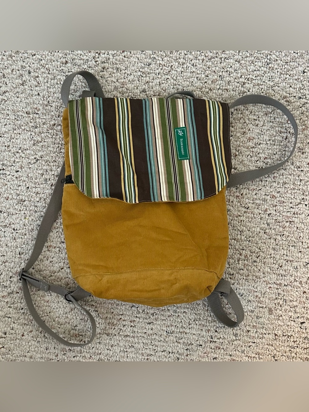 Roskasakki‎ Mustard Corduroy Backpack with Striped Flap